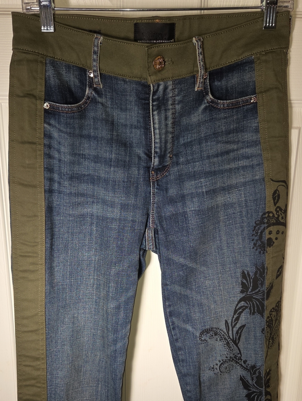 White House Black Market Blue Denim Jeans with Olive Side Panels Size 4L Slim